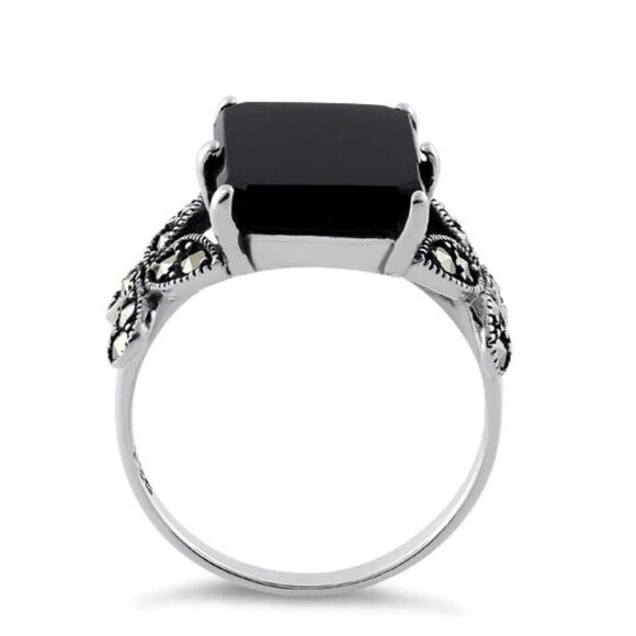 Sterling Silver Black Onyx Square Butterfly Marcasite Ring New - Picture 3 of 4